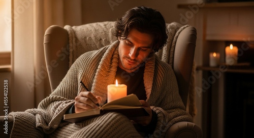 young man reading book in candle light