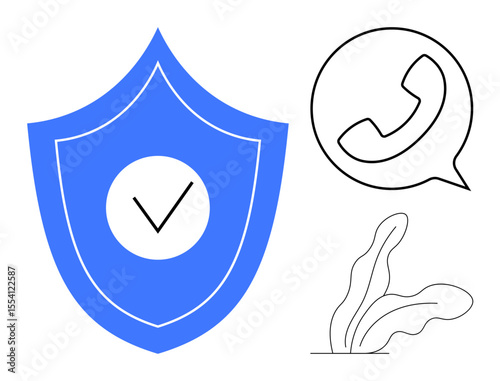Blue shield with checkmark, phone in speech bubble, plant elements. Ideal for security, communication, trust, protection, privacy reliability verification. Clean and simple flat metaphor