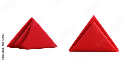 Two folded red triangle napkins on png background, textile table setting