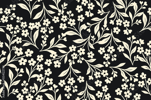 Elegant cream floral silhouettes on a deep black background. Perfect for vintage wallpaper, fabric patterns, or modern botanical-themed design projects.