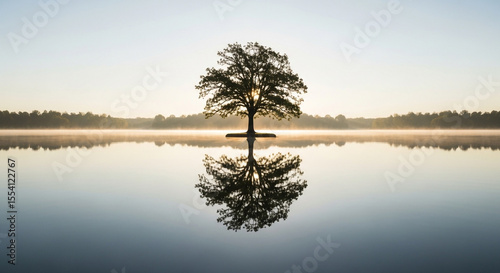 Lone Tree Reflection on Misty Lake, Tranquil Waters: Perfect Reflection of Nature's Beauty