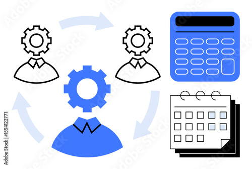 Three user icons with gear heads interconnected by arrows, calendar, and calculator suggest coordination, planning, and productivity. Ideal for teamwork, project management, time tracking