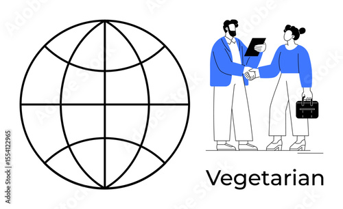 Globe with grid lines beside professionals shaking hands holding documents. Ideal for partnership, sustainability, business networking, communication, global trade, collaboration, ethical practices