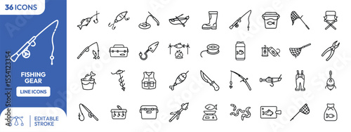 A collection of line art icons representing various fishing equipment and gear, ready for use.