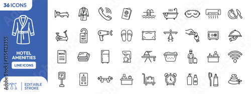Collection of line icons depicting hotel amenities such as bathrobe, bed, phone, pool, and other services.