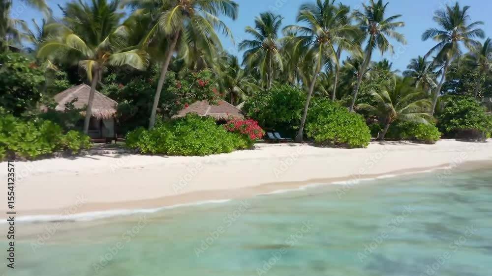 Aerial drone view of tropical island beach with palm trees and clear turquoise water