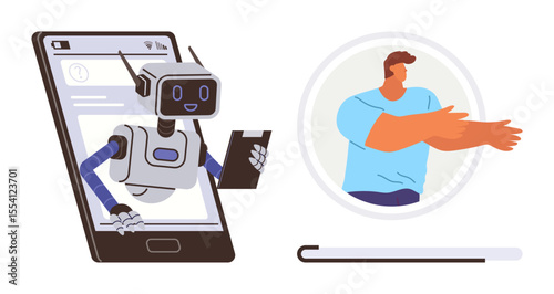Robot emerging from smartphone holds clipboard, interacting with a remotely connected person. Ideal for AI, technology, virtual assistance, communication, customer service, innovation, teamwork