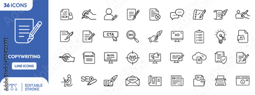A collection of thirty-six line icons depicting various aspects of copywriting, including writing, editing, marketing, and communication.