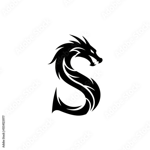 Black style S letter dragon logo, fierce and elegant design, suitable for game, fantasy or brand identity.