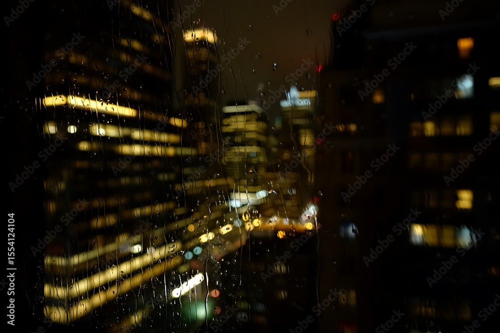Obraz premium Rainy Night View of City Lights Through a Wet Windowpane