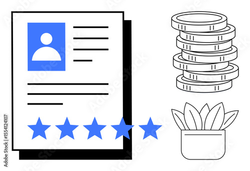 Professional resume with star rating, stacked coins symbolizing financial success, and a potted plant for growth. Ideal for career, recruitment, business, personal branding, evaluation, strategy