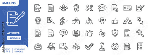 Collection approval process line icons;  documents, checkmarks, and collaboration symbols.
