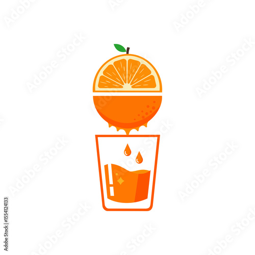Fresh orange juice illustration with half orange and glass, flat vector style, perfect for food or drink branding.
