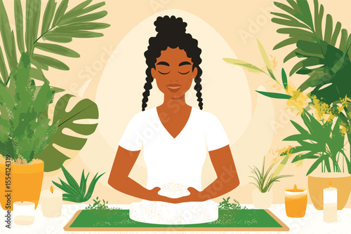 African woman with braids meditating on a yoga mat with plants and candles, peaceful wellness scene vector illustration