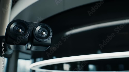 Black Surveillance System Camera Affixed to White Circular Ceiling Overlooking Large Windows and a Modern Office Interior with Natural Lighting