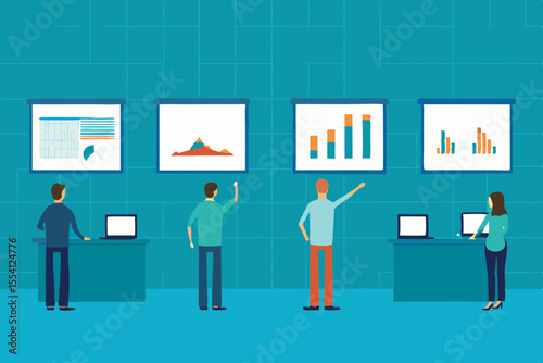 Business team analyzing data on screens working with charts and graphs in a modern office