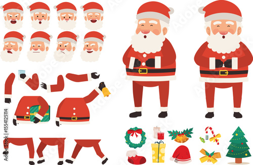 Santa claus cartoon character for animation design with various facial expressions, hand gestures, body and leg movement illustration