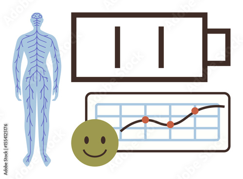 Human nervous system, battery indicator for energy, chart with data points, and happy face suggesting health, vitality, and optimism. Ideal for health, wellness, productivity energy performance
