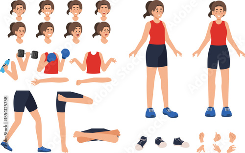 Sport girl cartoon character with various facial expressions, hand gestures, body and leg movement. Cartoon character for motion animation