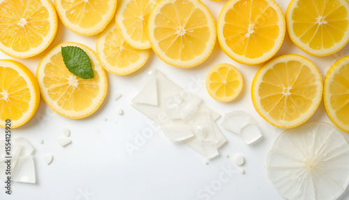 Bright yellow lemon slices are arranged with a green mint leaf and sugar pieces on a clean white background.