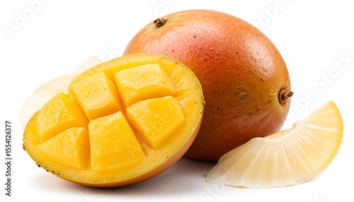 Delicious mango fruit, showcasing vibrant yellow cubes and slices, inviting a taste of tropical sweetness on a white background.