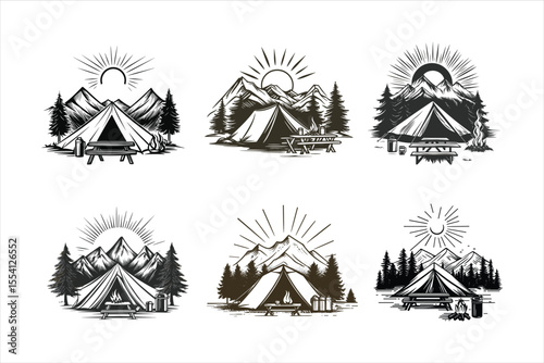 set of camping elements, silhouette of photographer, silhouette, vector, people, illustration, woman, couple, business, chair, table, restaurant, person, businessman, sitting, elderly, dinner, coffee,