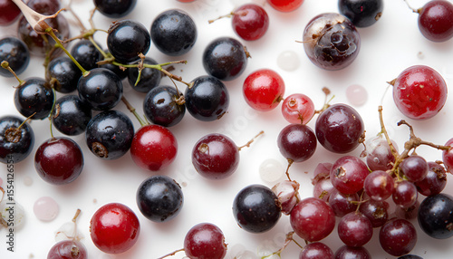 Red and black currant berries are scattered on a white background, offering a fresh and colorful display of summer fruits.