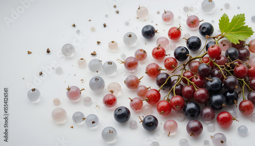 A vibrant assortment of red and black currants sits among decorative transparent gel balls on a bright white background.