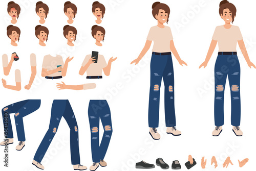 Woman cartoon character for motion design with facial expressions, hand gestures, body and leg movement