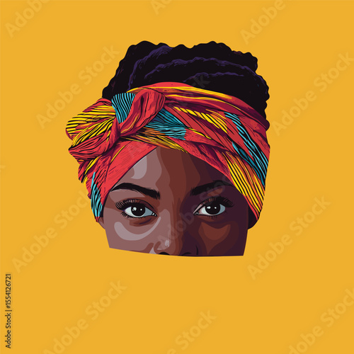 African woman with kente cloth head wrap and twist-out hair peeking vector illustration