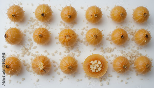 Display of fresh gooseberries with seeds and halves in a delightful arrangement against a bright white background creating a sense of healthy abundance.