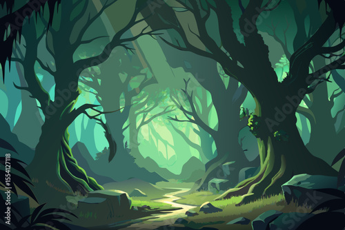 Enchanted Forest Path A whimsical illustration of a winding trail through a dense stylized forest bathed in ethereal green light creating a magical and serene