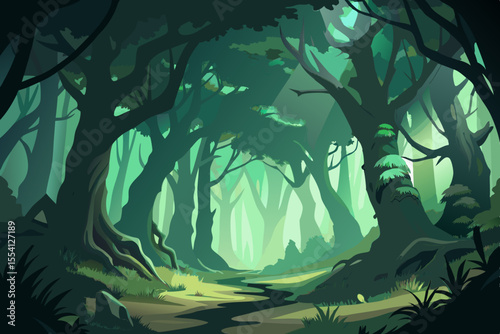 Enchanted Forest Path A stylized illustration of a winding path through a dense green forest with tall trees dappled sunlight and a sense of mystery