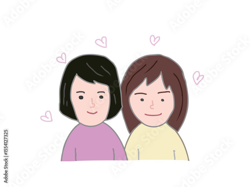 An illustration of a smiling female couple with their upper bodies and hearts