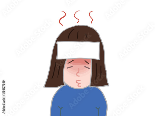Illustration of the face and upper body of a woman with a fever cooling her head