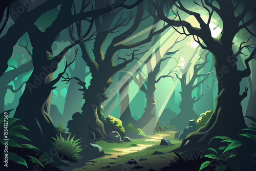 Enchanted Forest Path Sunlight Filtering Through the Trees Creating a Mystical and Serene Atmosphere with Lush Greenery and a Winding Trail Leading Deeper into the