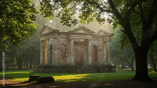 Antique Stone Temple Structure Among Sunlight Trees In Green Park Scenery