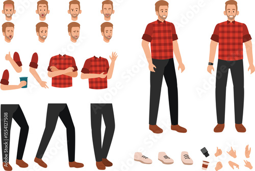 Young man cartoon character for motion design with facial expressions, hand gestures, body and leg movement