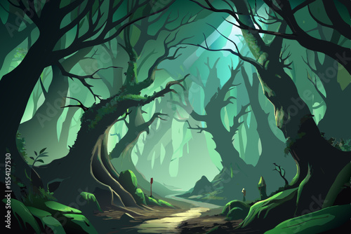 Enchanted Forest Path A serene digital illustration depicting a winding path through a dense green forest with towering trees and dappled sunlight hinting at adventure