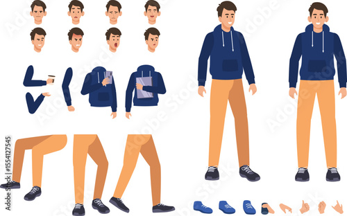 Young man cartoon character for motion design with facial expressions, hand gestures, body and leg movement