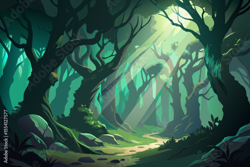 A stylized illustration depicts a dense green forest with sunlight streaming through the trees illuminating a winding path that leads deeper into the woods creating
