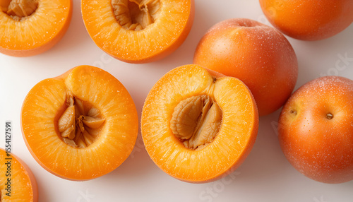 Delightful apricots in a minimalist food flat lay displaying vibrant orange hues and fresh fruit cut in halves, ideal for culinary and health content.