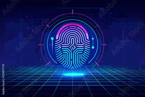 Futuristic Fingerprint Scan in a Cyberpunk Grid Environment with Neon Accents and a Glowing Base Representing Security and Technological Advancement with a Dark Blue and