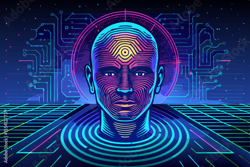 Futuristic Artificial Intelligence Portrait with Circuit Board Background and Concentric Rings Featuring a Humanoid Face Constructed from Vibrant Lines and a Cyberpunk Aesthetic Evoking Technology