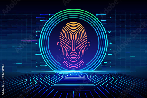 Futuristic Biometric Security System with Fingerprint Scan and Digital Circuitry Depicting Advanced Technology and Secure Authentication in a Modern High Tech Environment with Vibrant Neon