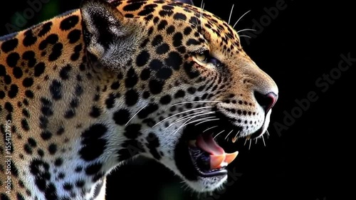 Intense Close-up of a Wild Jaguar's Face with Open Mouth and Alert Expression Against Dark Background