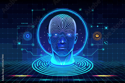 Futuristic AI Interface with Humanoid Head and Digital Grid Exploring Artificial Intelligence Technology and the Future of Human Machine Interaction in a Cyberpunk Aesthetic stylized