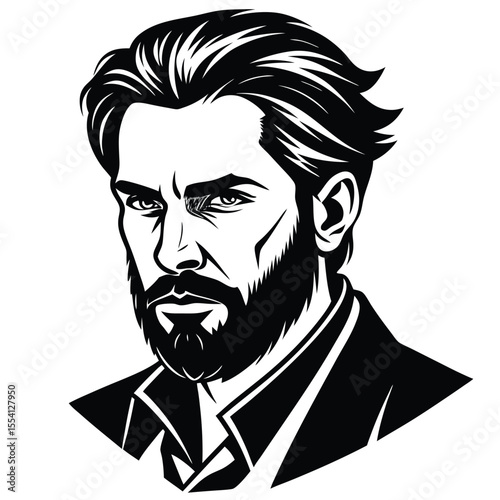 Handsome bearded man artfully illustrated in a strong black and white portrait with a sophisticated and captivating gaze.