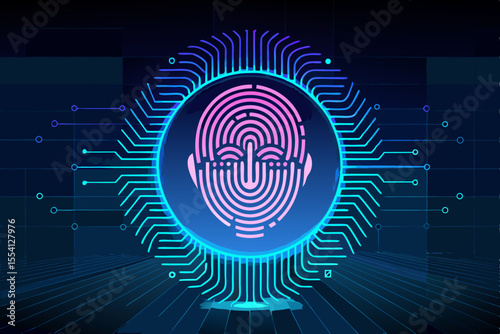 Futuristic Biometric Security System A Neon Pink Fingerprint Scan Encased in a Glowing Blue Circuit Board Representing Advanced Technology and Identity Verification on a Dark