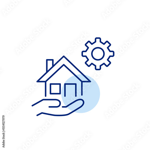 Hand holding house and cogwheel. Intelligent home control, automated environment settings, smart technology management, home system optimization, remote device configuration. Pixel perfect, editable s